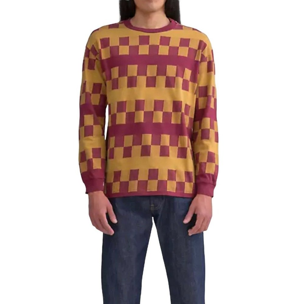 Levi Vintage LVC 1980's Oxblood Red Yellow Checker Long Sleeve Pullover M